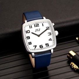 VISIONU TGSW-1705G Square German Speaking Watch with Alarm Function, Voice Function Time and Date, White Dial, Blue Leather Strap, Strap.