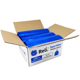 Reli. SuperValue 33 Gallon Recycling Bags (120 Count) Made in the USA - Blue Trash Bags, 30-33 Gallon | Recycling, Garbage | 33Gal with 30Gal - 35Gal Capacity