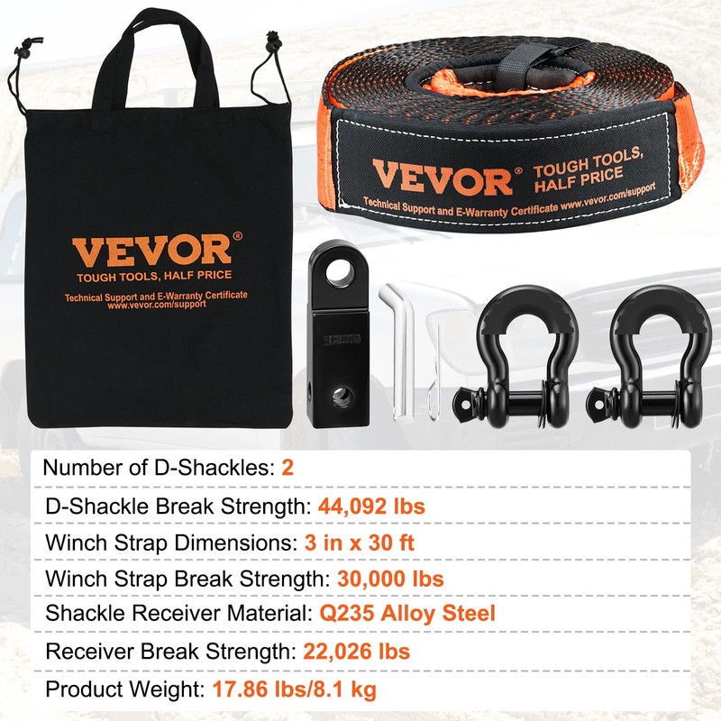 VEVOR Off-Road Recovery Kit, 3" x 30' Tow Straps Heavy