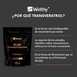Wellthy Transresveratrol Puro 90 Cápsulas. Resveratrol de alta biodisponibilidad, 1000mg 100% Puro, 100% Natural, VCaps Cápsulas Veganas, Bottle Free.