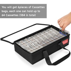 GYXZ Cassette Storage Case 6 Pack, Each Holds 64 Tapes (Total 384), 15.7" × 8.5" × 3.5", Portable Organizer Bag with Transparent Cover, Zipper and Handles, Black