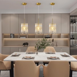 BBLLWJ Modern Crystal Pendant Lights Kitchen Island Farmhouse Light Fixtures Adjustable Hanging Lighting Round Gold Pendant Light for Kitchen Island Dining Room Living Room and Flat(1-Pack)