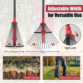 Garden Rake for Leaves: 70 Inch Adjustable Long Handle 18 Metal Tines with 8-17" Expandable Head Heavy Duty Metal Rake for Lawns Leaves Yard Grass Camping Debris