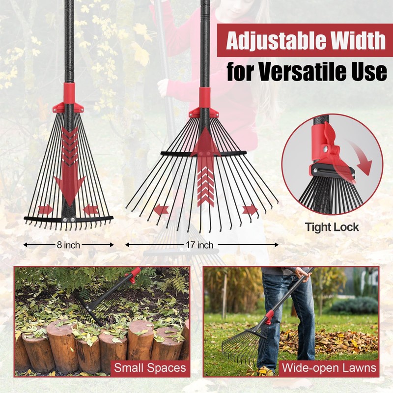 Garden Rake for Leaves: 70 Inch Adjustable Long Handle 18