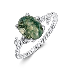 Natural Moss Agate Ring For Women 925 Sterling Silver Leaf Art Deco Moss Ring Engagement Promise Rings For Women Wife Mother Wedding Birthday Anniversary Mother's Day Jewelry Gift For Her (Size 6