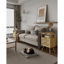 Veegle Rattan Nightstand with Charging Station,Modern Bedside Table with 2 Storage Drawer and Open Wood Shelf, for Bedroom and Small Spaces,Night Stand with Solid Wood Legs (Yellow Oak)