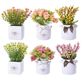 LUEUR LUEUR 6Pcs Artificial Flowers with Ceramic Pot Fake Flower Arrangements Small Faux Spring Flowers in Vase Home Spring Decor, Centerpiece Table Decorations for Farmhouse Office Shelf Dining Table