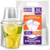 12 oz Clear Plastic Cups with Strawless Sip-Lids [50 Sets]