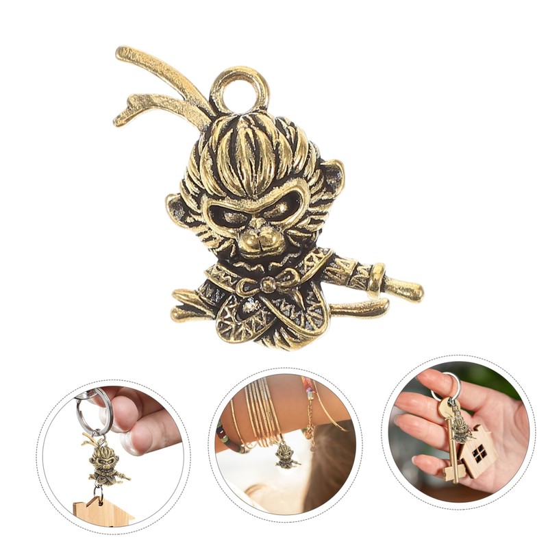 Operitacx Chinese Monkey King Brass Keychain Charm Feng Shui Amulet