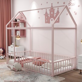 Acosure Twin Size Metal Roof,Low Floor Beds Frame,w/Fence,for Kids Teens Girls Boys Bedroom,Can Be Decorated,Box Spring Required,Pink