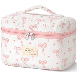 HBselect Quilted Makeup Bag, Portable Cotton Large Travel Makeup Bag, Cute Coquette Pink Floral Cosmetic Bags Toiletry Bags for Women Teen Girls Mom