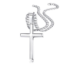 Besteel 925 Sterling Silver Cross Necklace Beveled Edge for Men Women 5mm Stainless Steel Non Tarnish Durable Cuban Link Curb Chain Crucifix Pendant Necklace Jewelry 16 Inches