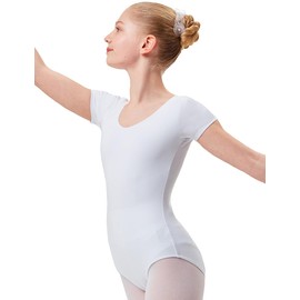 Tanzmuster "Sally" Children’s Beautiful Ballet Leotard with Short Sleeves and Round Neckline / Little Ballerina’s Basic Outfit in Pink, White, Light Blue, Black, Pink and Purple, 92/98