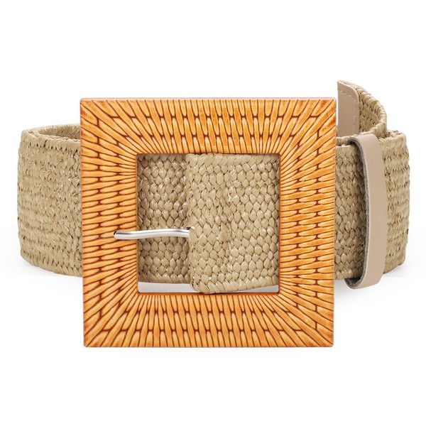 JASGOOD Straw Woven Elastic Stretch Belts for Women, Ladies Wide