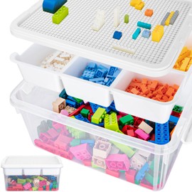 TERGOO 17QT Multipurpose Plastic Storage Box with Baseplate Lid, Stackable Craft Organizers and Storage Containers with Removable Tray, Clear Art Bin Organizer for Building Bricks, Bead (White lid)