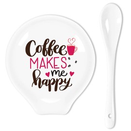 Uhealik Funny Coffee Quote Colored Pattern Ceramic Coffee Spoon Holder-Coffee Spoon Rest -Coffee Station Decor Coffee Bar Accessories-Coffee Lovers Gift for Women and Men (Coffee Makes Me Happy)