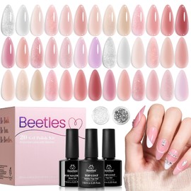 Beetles Nude Pink Gel Nail Polish Set - 25PCS 20 Colors Neutral Jelly Pink Sheer Milky White Gel Nail Kit Soak Off UV with Base Glossy Matte Top Coat Pearls Rhinestones Nail Charms Gift for Women