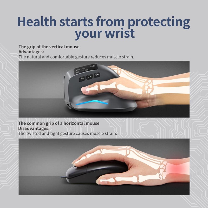 zelotes Bluetooth Kabellose Maus,Wiederaufladbar Vertikale Maus mit Display,6 Tasten,3200DPI Ergonomische