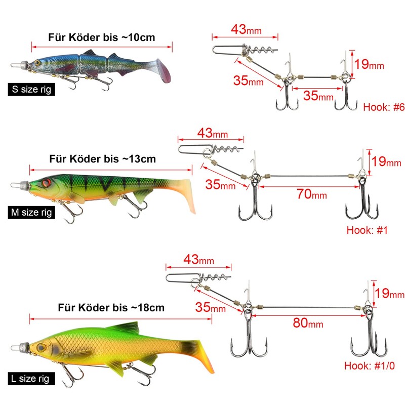 Pack of 3 stinger hooks with leader system (S, M,