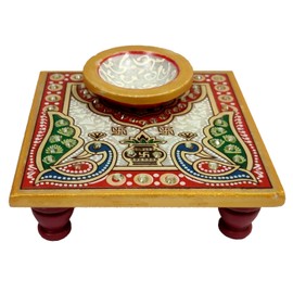 Purpledip Marble Chowki & Diya: Decorative Oil Lamp For Home Temple Or Festival Decoration (12351)