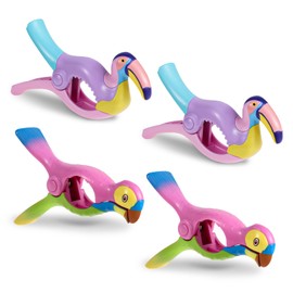 QKURT 4 PCS Beach Towel Clips, Large Plastic Laundry Clip Clothes Pegs, Towel Pegs for for Sun Lounger, Beach Chairs, Pool Chairs, Laundry, Parrot, Rainbow Bird Designs