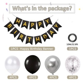 Balloons Birthday Decoration Set, Black Silver Birthday Decoration Happy Birthday Decoration Banner Party Decoration Birthday Set with Black Silver Latex Balloons Confetti Balloons (BK+ SR)