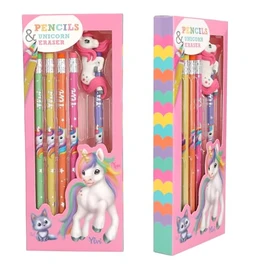 Depesche 12861 Ylvi Rainbow Pencil Set, 5 Pens in Different Designs, Each with Eraser, Includes Extra Unicorn Eraser