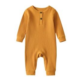 Newborn Infant Baby Boys Girls Long Sleeve Rompers Jumpsuit Unisex Button Knit Solid Ribbed Clothes - 0-3 Months (Yellow)