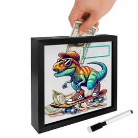 7.8 x 7.8 Inch Wooden Shadow Box Frame with Shelf Slot - Skating Rex - Dinosaur Money Savings Bank with Marker Pen, Coin Saving Box Piggy Banks, Birthday Gift for Families, Home & Office Decor - A08