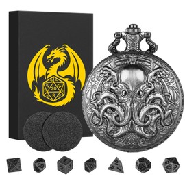 Mini DND Dice Set, with Steampunk Double Eyes Octopus Pocket Watch Case, 7-Piece Polyhedral Metal D&D Dice, DND Gifts with Gift Box, Role Playing Board Game Accessories Dice, Dark Silver