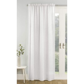 Tyrone Textiles Ltd Tahiti White Pom Pom Trim Linen Look Voile Panel (Drop - 72" (183cm))