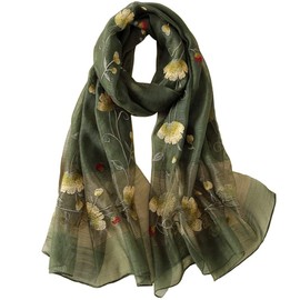 Alysee Women Warm Exquisite Silk&Wool Mixed Embroidered Scarf Headwrap Shawl Olive Green