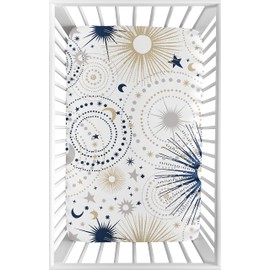 Sweet Jojo Designs Star and Moon Boy or Girl Fitted Mini Crib Sheet Baby Nursery for Portable Crib or Pack and Play - Navy Blue, Gold, and Grey Celestial Sky Stars Gender Neutral Unisex