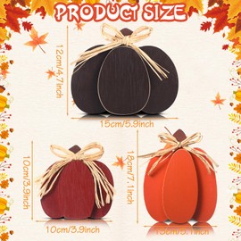 Faccito 3 Pcs Fall Decorations Wooden Pumpkin Signs Thanksgiving Table Centerpieces Autumn Tiered Tray Decorations Farmhouse Pumpkins Block with Straw Bow for Home Mantel Harvest Party(Retro Color)