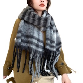 Wander Agio Winter Women Warm Scarf Long Shawl Large Scarves Cold Weather Thicker Blanket Wrap Colour Plaid Stripe Black Grey 10