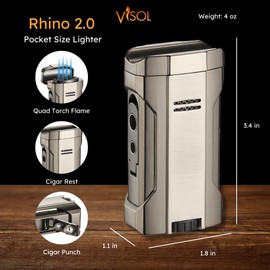 Visol Rhino 2.0 Butane Torch Lighter Quad Flame Refillable Gas Lighter, Built-in Rest, Two Built in Punches, Windproof Adjustable Flame Lighter (Shipped Without Butane)