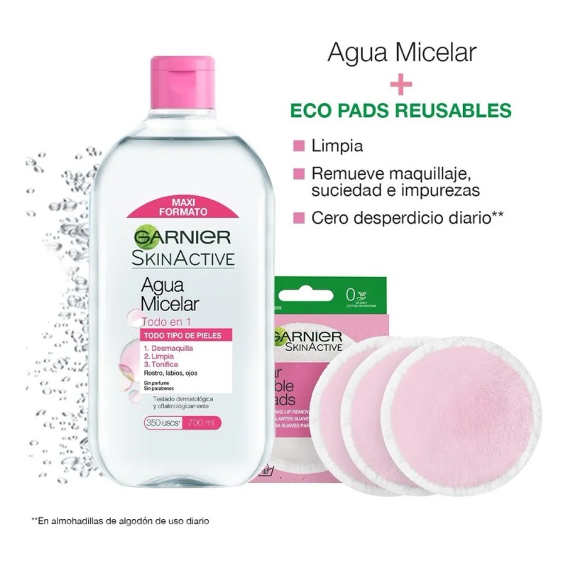 Kit Agua Micelar 700ml +3 Ecopads Reutilizables Garnier