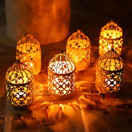 JHY DESIGN 6 Paquetes de Pequeños Portavelas Metálicos Colgantes de Jaula de Pájaros Huecos Portavelas para Mesa de Boda, Fiesta de San Valentín, Patio, Regalos para el Exterior (Blanco)
