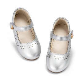 THEE BRON Toddler Mary Janes | Arch Support Leather Princess Shoes | Birthday Party Flats(AF522 Toddler,Silver/5M)