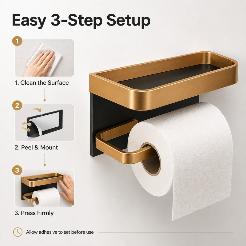 Aluminum Toilet Paper Holder with Shelf – No-Drill Black Gold