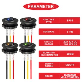 MKBKLLJY 4pcs Round Rocker Switch Shell DC 12V 20A, 24V 10A, SPST 3 Pin On Off Red/Blue/Green/Yellow LED Lighted Switch for Car Boat RV Round Shell & Lock Terminal Wire 4 Colors