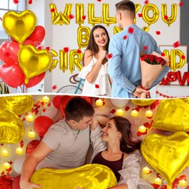 HyDren Will You Be My Girlfriend Balloons Kit Include 18 Inch Heart Shaped Balloons and LED Tealight Candles with 2400 Pcs Rose Petals Romantic Girlfriend Proposal Kit Decorations for Her(Gold)