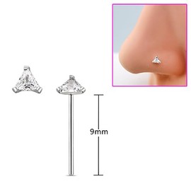 DENI 3 x Silver Straight Bar Nose Stud Triangle Cubic Zirconia Stone Shiny 4mm Thin Bar 0.6mm Sterling Silver, Sterling Silver