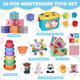 Baby Toys 6-12 Months, 6 in 1 Montessori Toys for 1 Year Old, Soft Infant Sensory Teething Toy, Stacking Cups & Blocks, Shape Sorter Blocks, Finger Puppets, Tissue Box Toy for Toddler 0-3-6-9-12 M+
