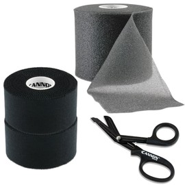 Premium Athletic Tape and Pre-Wrap Set with Scissor - Easy Tear, Strong Support - Hypoallergenic & Breathable (Black Tape - Black Wrap)