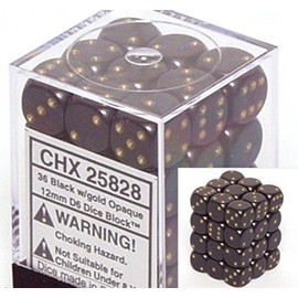 Black with Gold Opaque Dice 12mm D6 Set of 36