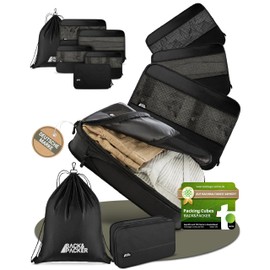 BACK&PACKER® Packing Cubes with Compression 6-Piece - Packing Bag Set Made of Recycled Material - Lightweight Organiser for Backpack & Suitcase - Includes Packing Cube for Wet Laundry & Bag (Black)