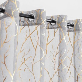 Kotile Branch Sheer Curtains for Living Room - Metallic Gold Foil Tree Branch Pattern Grey Sheer Curtains 95 Inch Long, Grommet Top Privacy Tree Window Curtains, 52 x 95 Inch, 2 Panels, Grey Gold