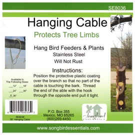 Songbird Essentials Hanging Cable Tree Limb Protector with S Hook, Steel Cable with Silicone Sleeve, Protects Tree Limbs from Heavy Bird Feeders and Decorations, 36 Inch Cable