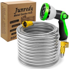 50FT Garden Hose NON-EXPANDABLE, Flexible Stainless Steel Metal Water Hose with 10 Function Nozzle, Lightweight Garden Hose, Manguera de Agua, No-Kink Durable Water Pipe, Solid Fittings for Watering